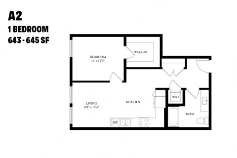 Floor plan for 1 bed, 1 bath, 645 sqft